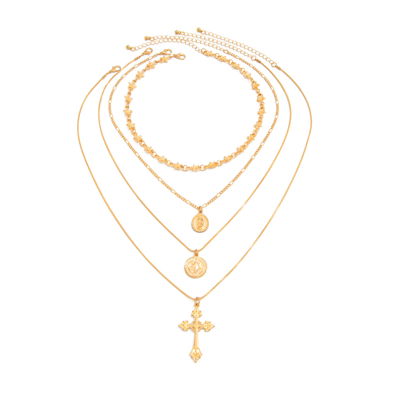 Fém nyaklánc keresztes medállal, többszintű kivitel, kulcscsonti nyaklánc, elektroplatált