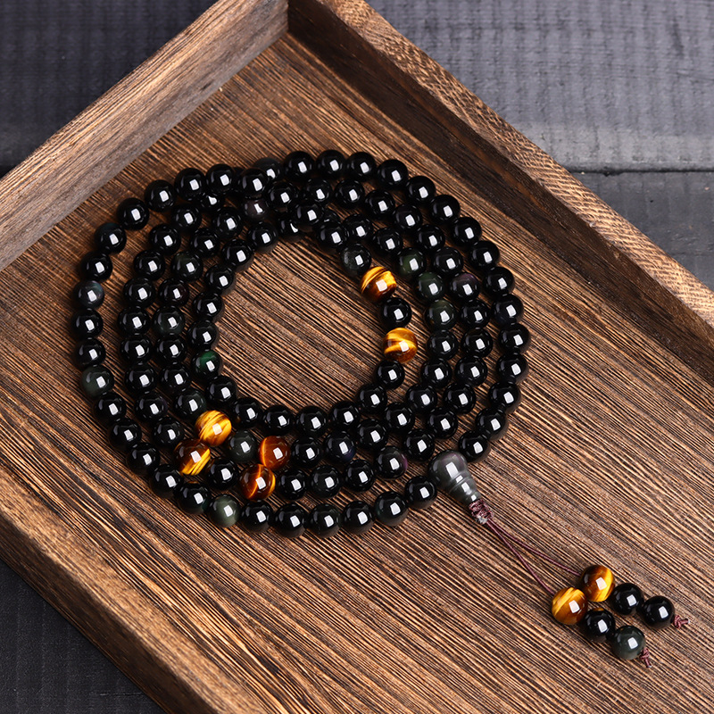 Narukvica od obsidijana s 108 perli, unisex, ručna izrada, geometrijski dizajn