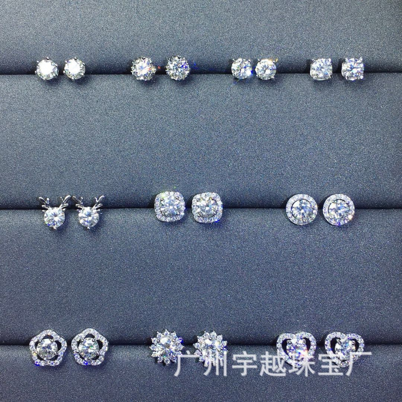 Moissanite auskarai, stud tipo, S925 sidabras, apvalus pjūvis, Eight Hearts and Eight Arrows pjūvis, unisex