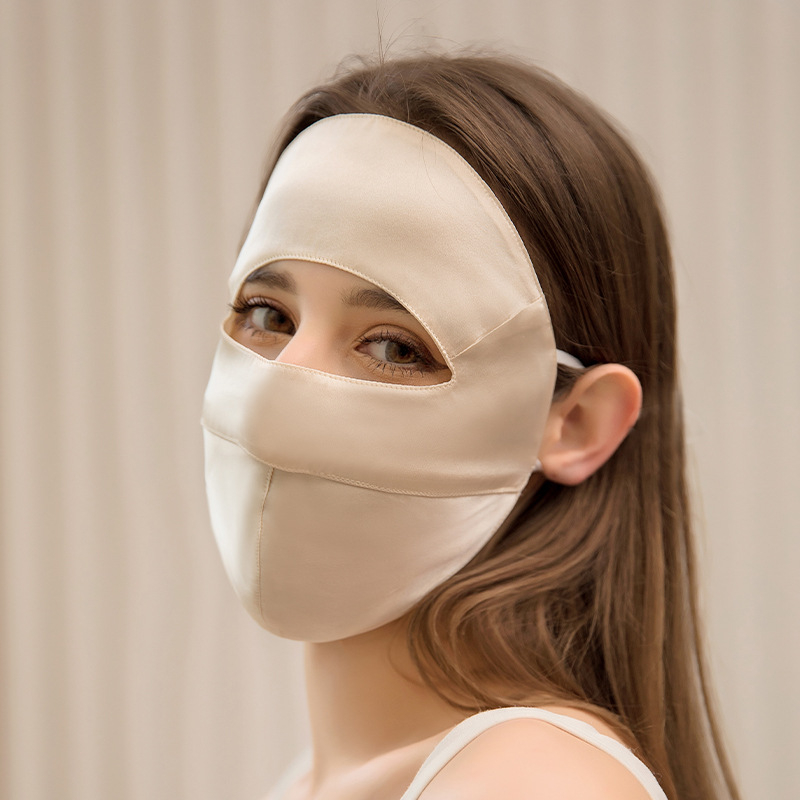 Mulberry selyem UV védelem UPF50 teljes arc maszk, fül-függő stílus, szatén feldolgozás, logó nyomtatva