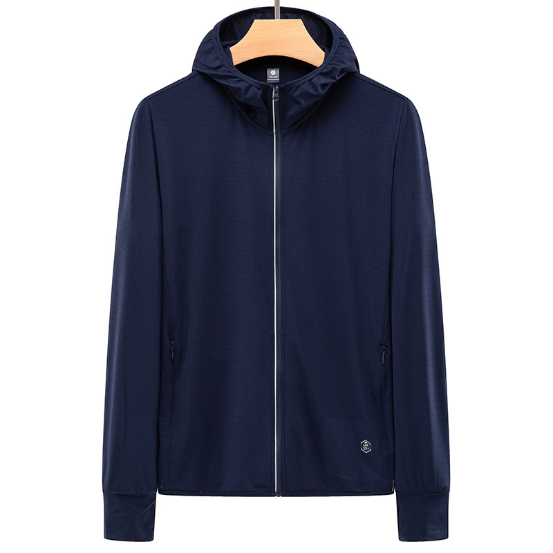 Vīriešu saules aizsardzības jaka no Ice Silk auduma, UV aizsardzība, kapuce ar rāvējslēdzēju, rāvējslēdzēja kabatas