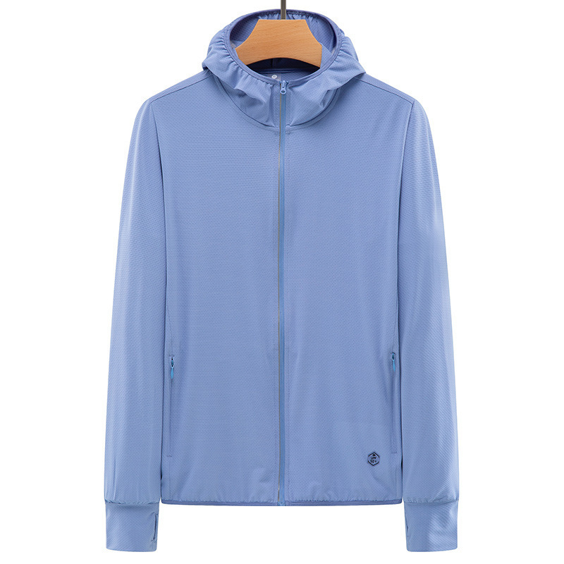 Vīriešu saules aizsardzības jaka no Ice Silk auduma, UV aizsardzība, kapuce ar rāvējslēdzēju, rāvējslēdzēja kabatas