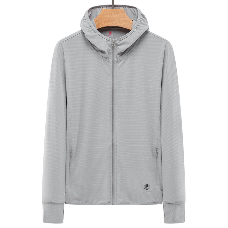 Vīriešu saules aizsardzības jaka no Ice Silk auduma, UV aizsardzība, kapuce ar rāvējslēdzēju, rāvējslēdzēja kabatas