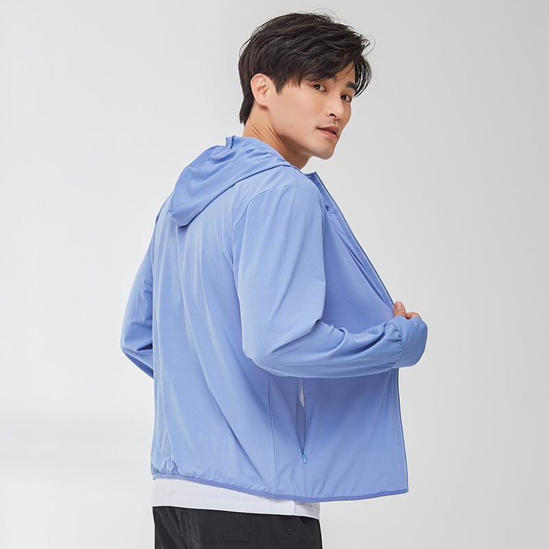 Vīriešu saules aizsardzības jaka no Ice Silk auduma, UV aizsardzība, kapuce ar rāvējslēdzēju, rāvējslēdzēja kabatas