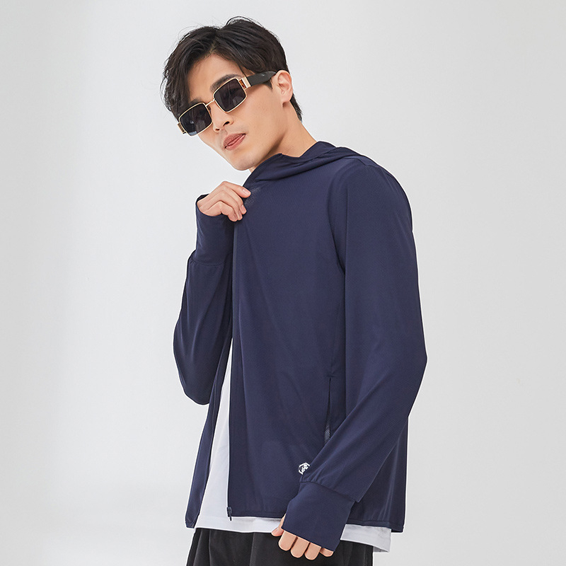 Vīriešu saules aizsardzības jaka no Ice Silk auduma, UV aizsardzība, kapuce ar rāvējslēdzēju, rāvējslēdzēja kabatas