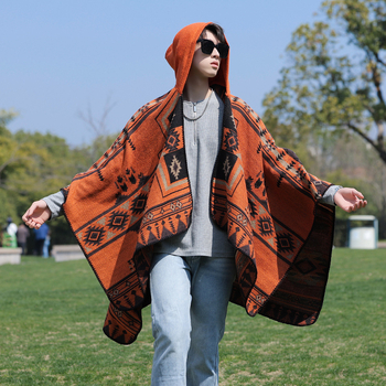 Unisex πλεκτός μανδύας με κουκούλα, ακρυλικό/ψεύτικη μαλλί, Jacquard ύφανση, γεωμετρικό μοτίβο, θερμική μόνωση