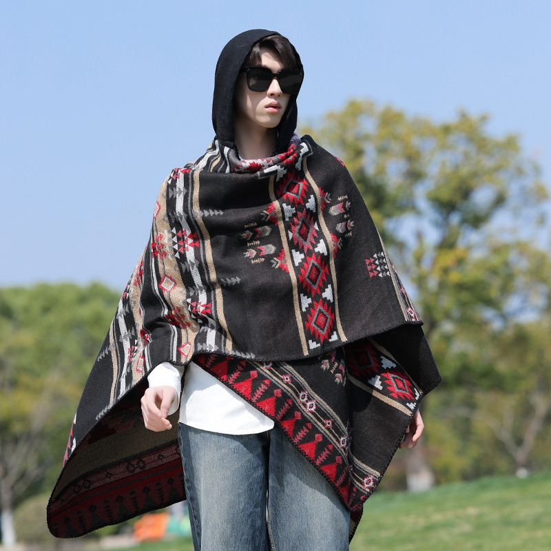 Unisex πλεκτός μανδύας με κουκούλα, ακρυλικό/ψεύτικη μαλλί, Jacquard ύφανση, γεωμετρικό μοτίβο, θερμική μόνωση