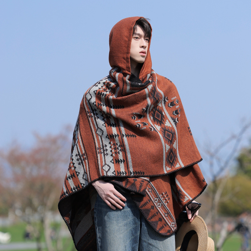 Unisex πλεκτός μανδύας με κουκούλα, ακρυλικό/ψεύτικη μαλλί, Jacquard ύφανση, γεωμετρικό μοτίβο, θερμική μόνωση