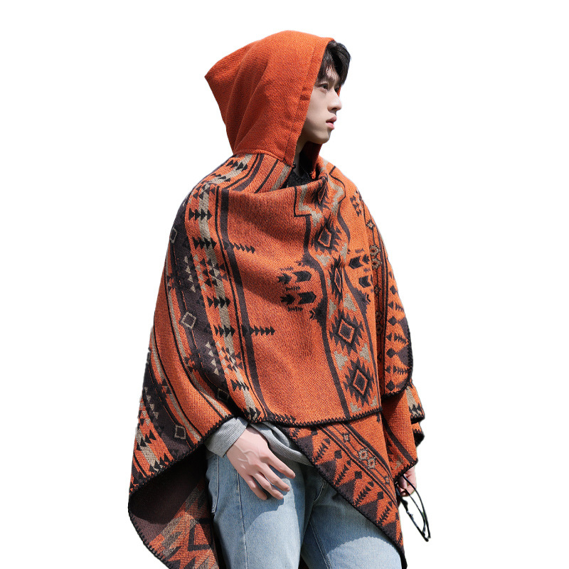 Unisex πλεκτός μανδύας με κουκούλα, ακρυλικό/ψεύτικη μαλλί, Jacquard ύφανση, γεωμετρικό μοτίβο, θερμική μόνωση
