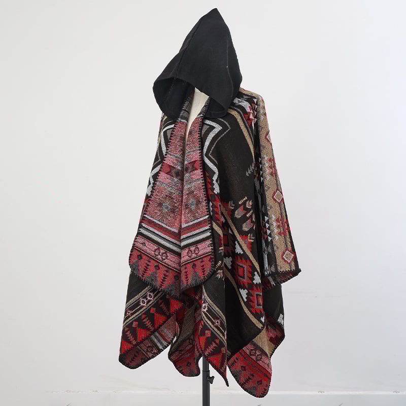 Unisex πλεκτός μανδύας με κουκούλα, ακρυλικό/ψεύτικη μαλλί, Jacquard ύφανση, γεωμετρικό μοτίβο, θερμική μόνωση
