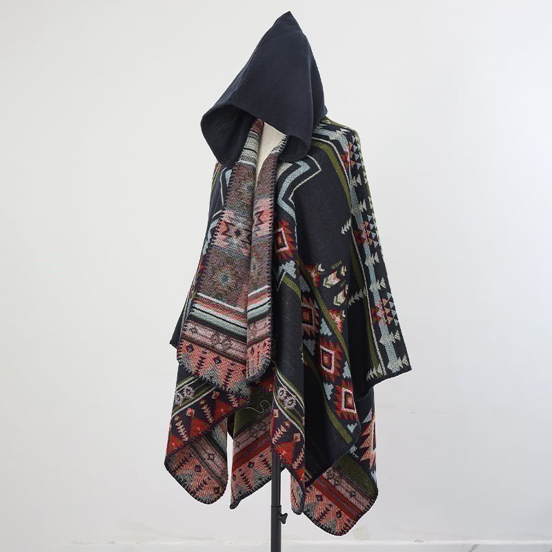 Unisex πλεκτός μανδύας με κουκούλα, ακρυλικό/ψεύτικη μαλλί, Jacquard ύφανση, γεωμετρικό μοτίβο, θερμική μόνωση