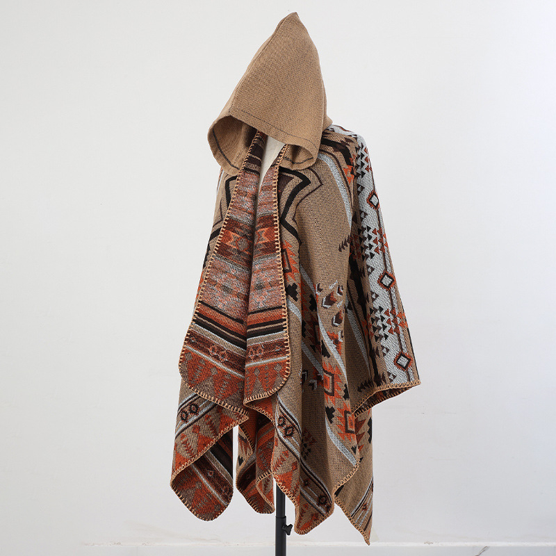 Unisex πλεκτός μανδύας με κουκούλα, ακρυλικό/ψεύτικη μαλλί, Jacquard ύφανση, γεωμετρικό μοτίβο, θερμική μόνωση