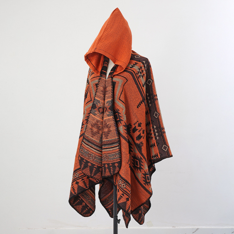 Unisex πλεκτός μανδύας με κουκούλα, ακρυλικό/ψεύτικη μαλλί, Jacquard ύφανση, γεωμετρικό μοτίβο, θερμική μόνωση