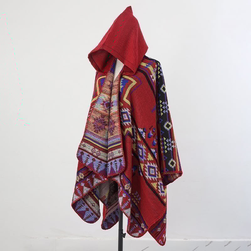 Unisex πλεκτός μανδύας με κουκούλα, ακρυλικό/ψεύτικη μαλλί, Jacquard ύφανση, γεωμετρικό μοτίβο, θερμική μόνωση