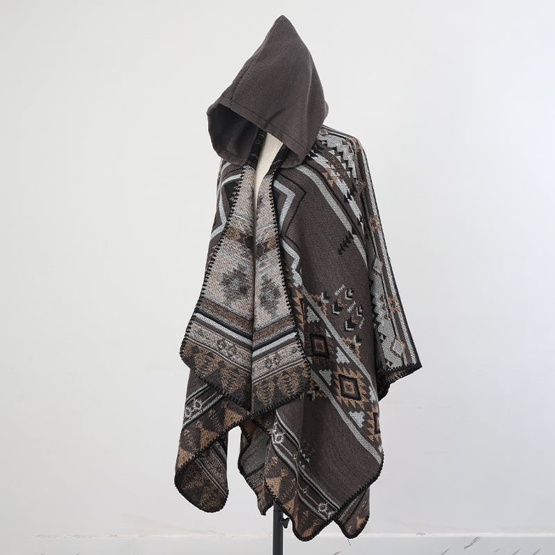 Unisex πλεκτός μανδύας με κουκούλα, ακρυλικό/ψεύτικη μαλλί, Jacquard ύφανση, γεωμετρικό μοτίβο, θερμική μόνωση