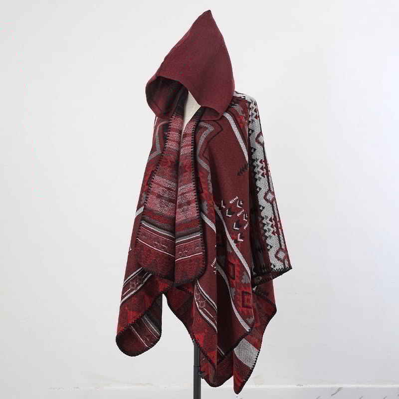 Unisex πλεκτός μανδύας με κουκούλα, ακρυλικό/ψεύτικη μαλλί, Jacquard ύφανση, γεωμετρικό μοτίβο, θερμική μόνωση