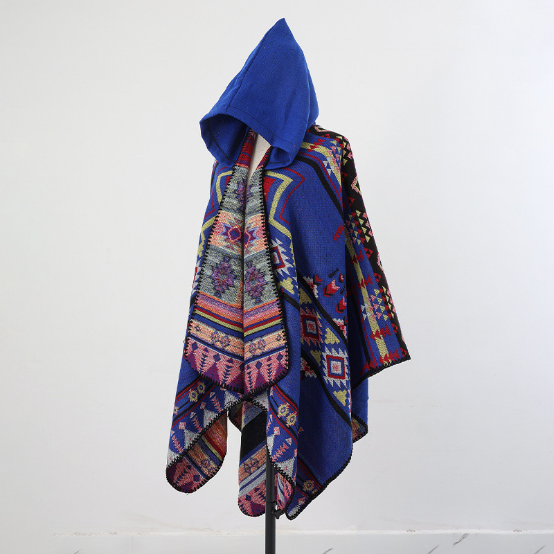Unisex πλεκτός μανδύας με κουκούλα, ακρυλικό/ψεύτικη μαλλί, Jacquard ύφανση, γεωμετρικό μοτίβο, θερμική μόνωση