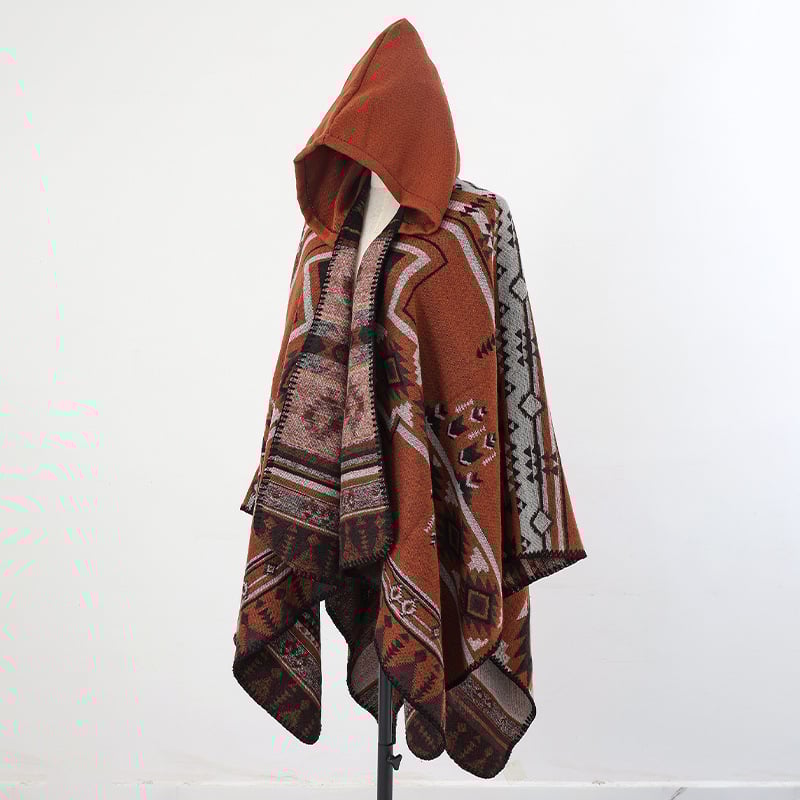 Unisex πλεκτός μανδύας με κουκούλα, ακρυλικό/ψεύτικη μαλλί, Jacquard ύφανση, γεωμετρικό μοτίβο, θερμική μόνωση