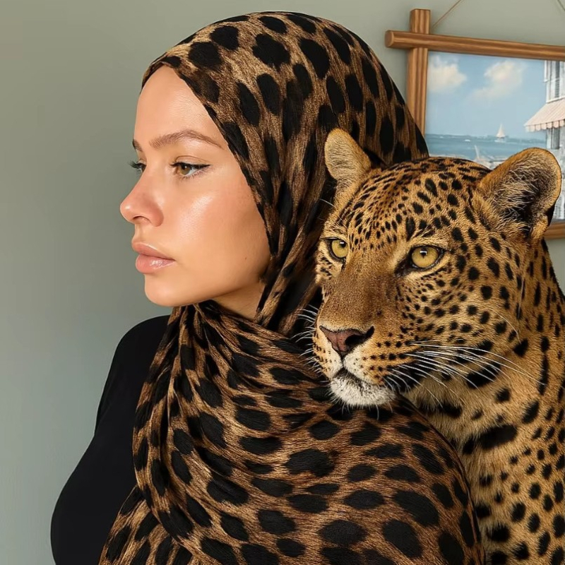Шал с леопардов принт за хиджаб, памук, Warp knitting технология, 100 г, за всички сезони, оригинален дизайн, FANXIN