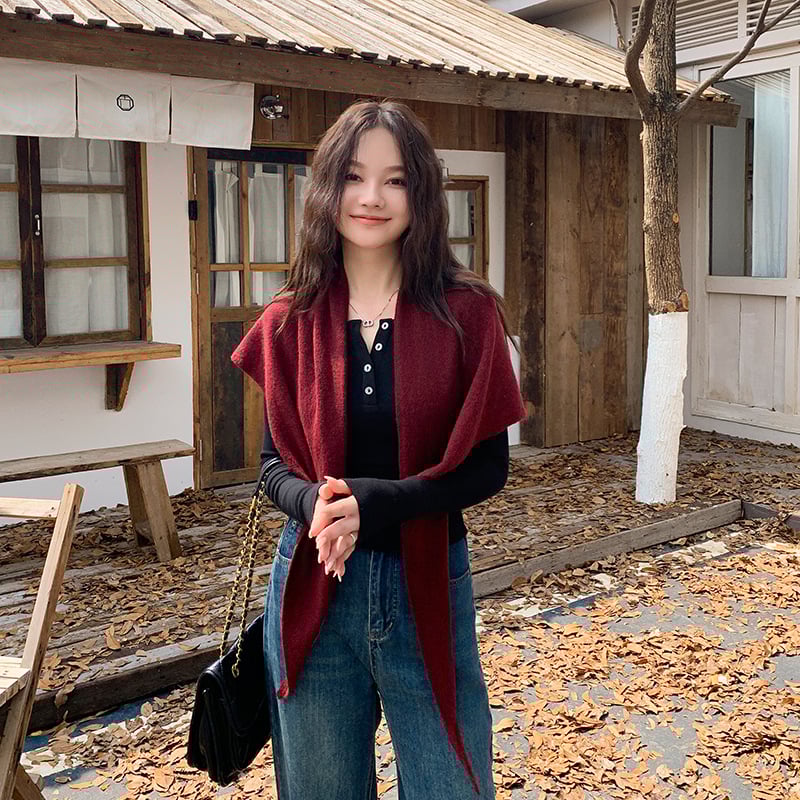 Плетен триъгълен шал, полиестер, Warp плетиво, монохромен модел, запазва топлината