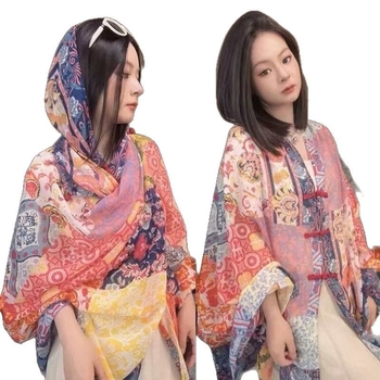 Дамски шал за слънцезащита – ретро етно стил, памучен твил