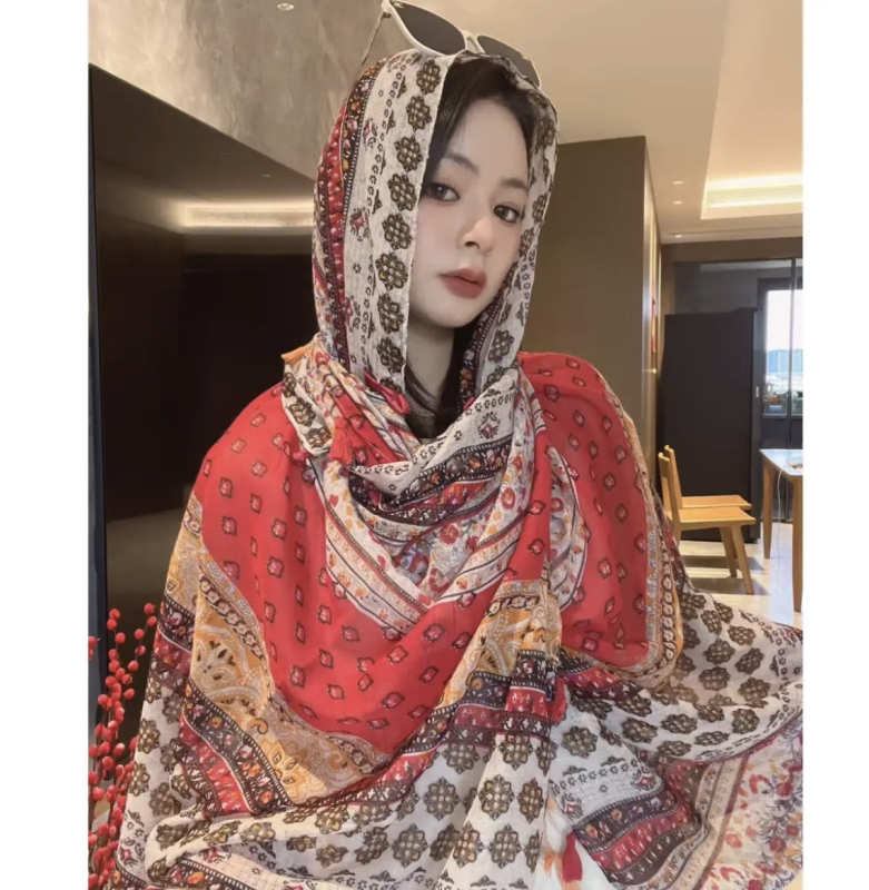Дамски шал за слънцезащита – ретро етно стил, памучен твил