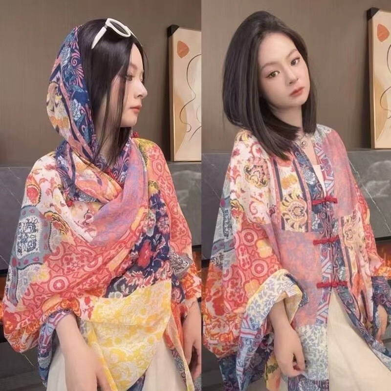 Дамски шал за слънцезащита – ретро етно стил, памучен твил