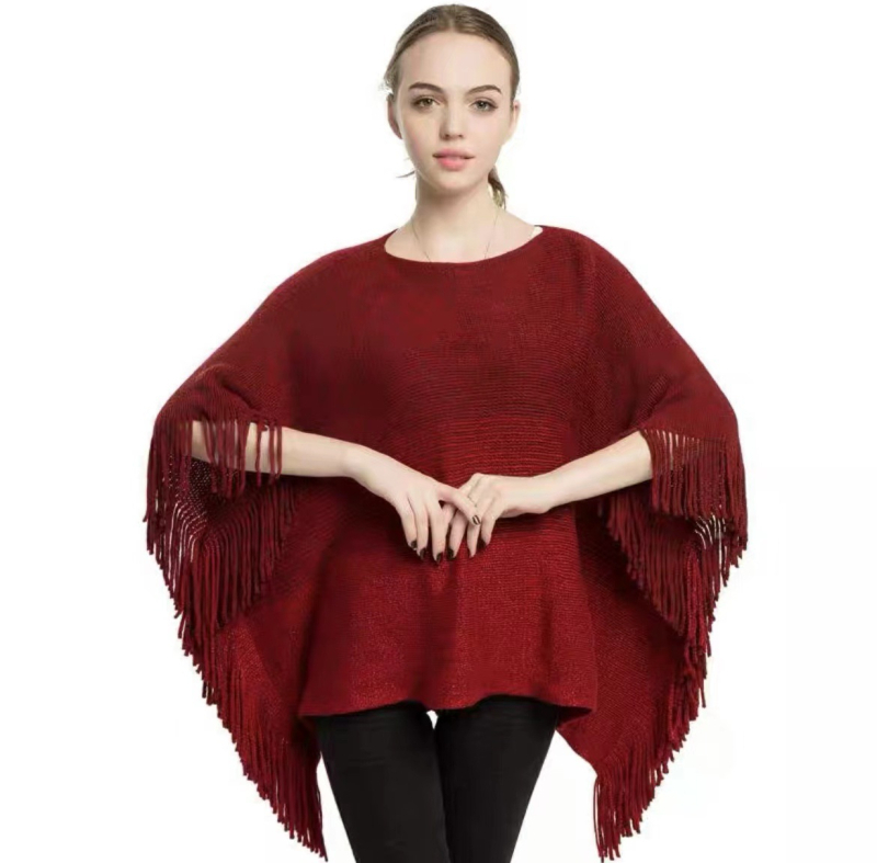 Ženska prugasta kap-pulover šal s resicama; materijal: akril/mekana lažna vuna; tkanje: warp knitting; jacquard; toplo; zima/jesen/proljeće