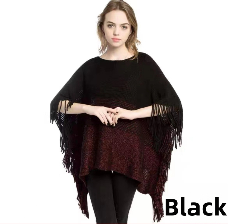 Ženska prugasta kap-pulover šal s resicama; materijal: akril/mekana lažna vuna; tkanje: warp knitting; jacquard; toplo; zima/jesen/proljeće