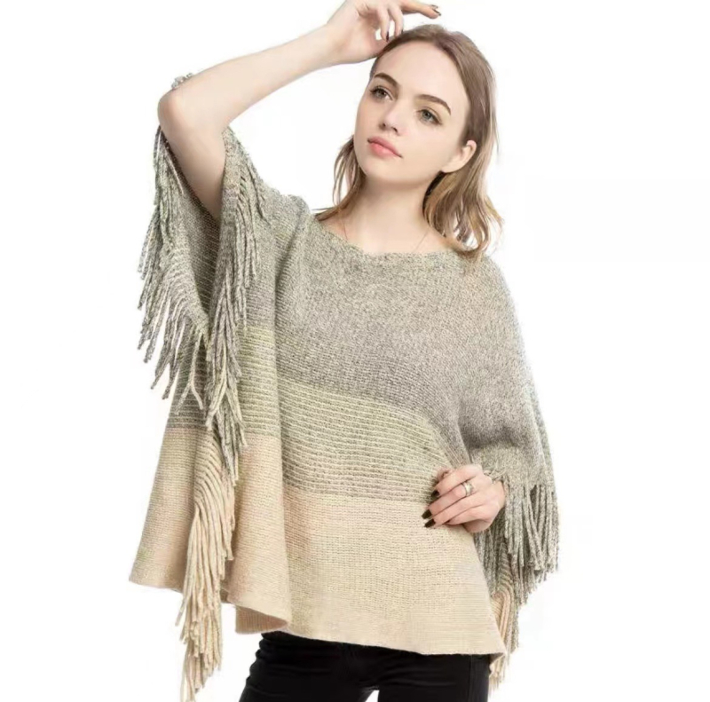 Ženska prugasta kap-pulover šal s resicama; materijal: akril/mekana lažna vuna; tkanje: warp knitting; jacquard; toplo; zima/jesen/proljeće