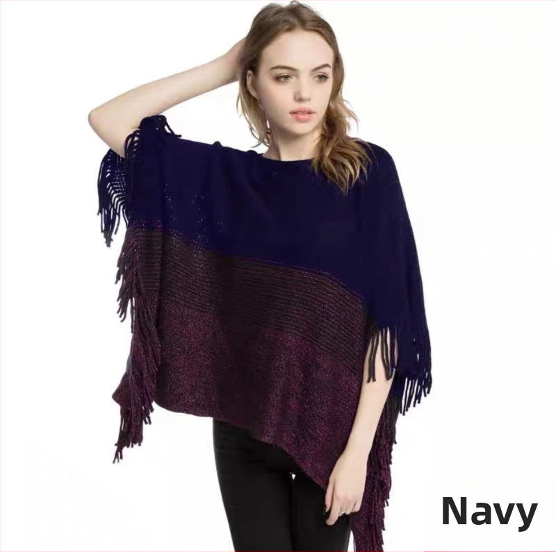 Ženska prugasta kap-pulover šal s resicama; materijal: akril/mekana lažna vuna; tkanje: warp knitting; jacquard; toplo; zima/jesen/proljeće