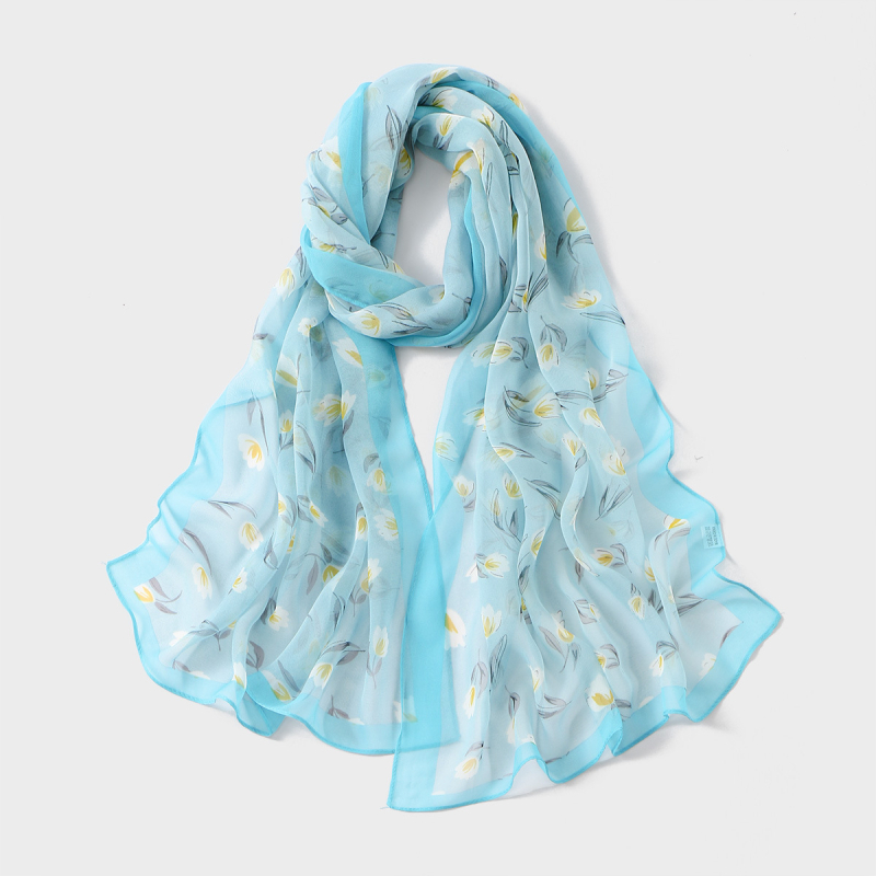 Шифонен шал с флорален принт – полиестерова материя, средно дълъг пасторал стил, пролет 2025