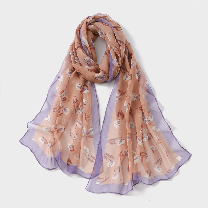 Шифонен шал с флорален принт – полиестерова материя, средно дълъг пасторал стил, пролет 2025