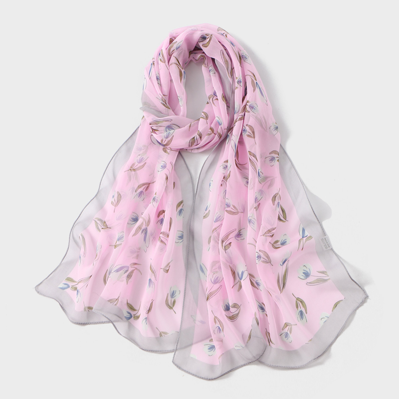 Шифонен шал с флорален принт – полиестерова материя, средно дълъг пасторал стил, пролет 2025