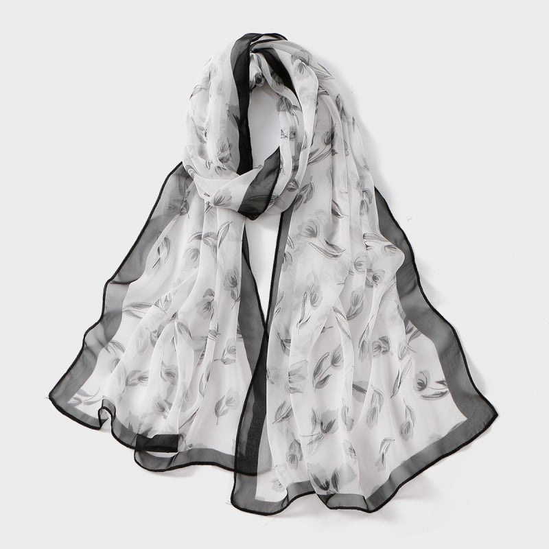 Шифонен шал с флорален принт – полиестерова материя, средно дълъг пасторал стил, пролет 2025