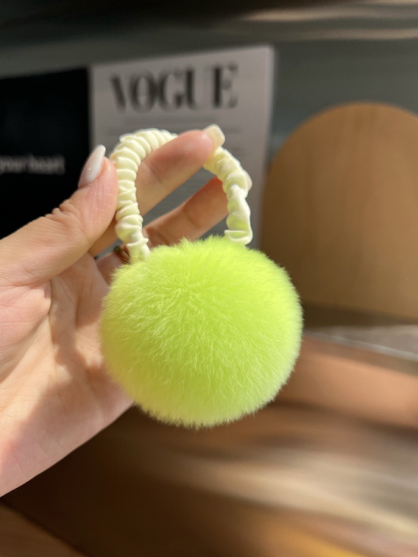 Аксесоар за коса с пухено топче от истински Rex заек — ръчна изработка, еластична лента, стил Inst