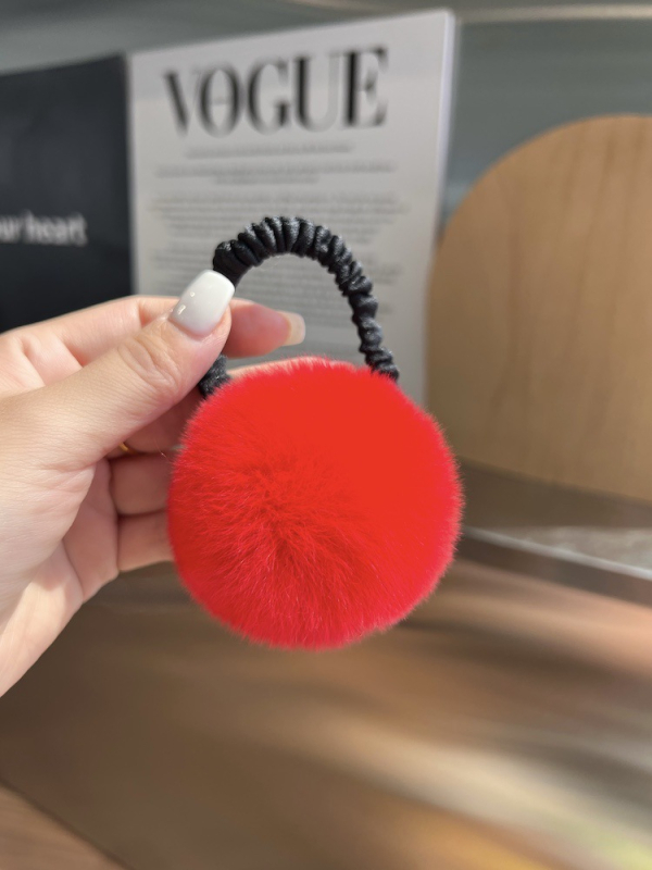 Аксесоар за коса с пухено топче от истински Rex заек — ръчна изработка, еластична лента, стил Inst