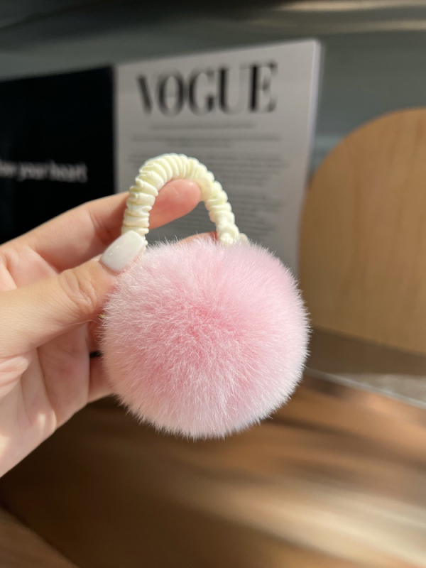 Аксесоар за коса с пухено топче от истински Rex заек — ръчна изработка, еластична лента, стил Inst