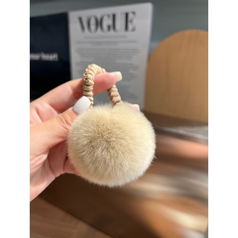 Аксесоар за коса с пухено топче от истински Rex заек — ръчна изработка, еластична лента, стил Inst