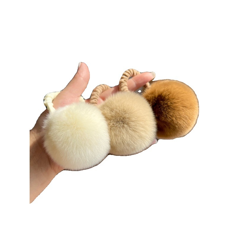 Аксесоар за коса с пухено топче от истински Rex заек — ръчна изработка, еластична лента, стил Inst