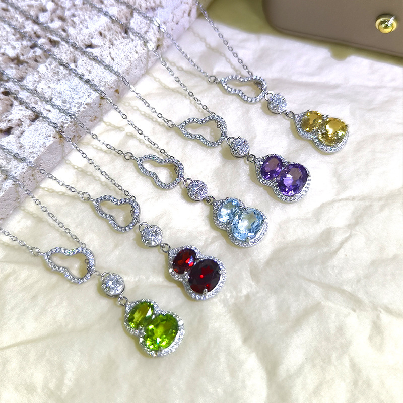 Set nakita od srebra 925 s privjeskom u obliku tikve, granat, topaz i peridot – višeslojna križna lančić