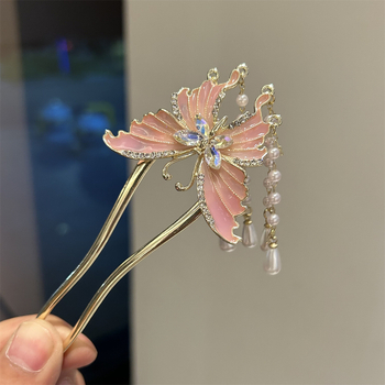 U alakú hajtű pillangóbojtokkal – fém, új kínai stílus, masni dísz, olajcsepp felületkezelés, testre szabható