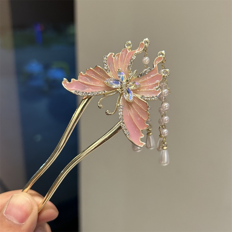 U alakú hajtű pillangóbojtokkal – fém, új kínai stílus, masni dísz, olajcsepp felületkezelés, testre szabható