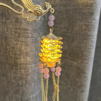 Svijetla spona za kosu s resicama u obliku pagode, Hanfu stil Yellow Crane Tower
