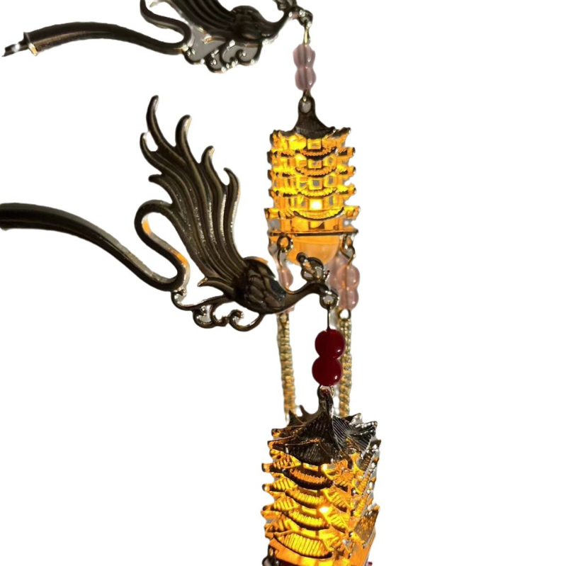 Svijetla spona za kosu s resicama u obliku pagode, Hanfu stil Yellow Crane Tower
