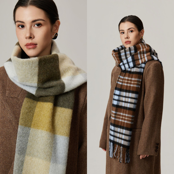 100% вълнен шал, удължен модел, пухкава каре шарка, warp-knit тъкане, топъл за зимата