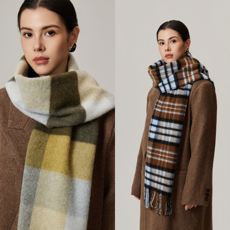 100% вълнен шал, удължен модел, пухкава каре шарка, warp-knit тъкане, топъл за зимата