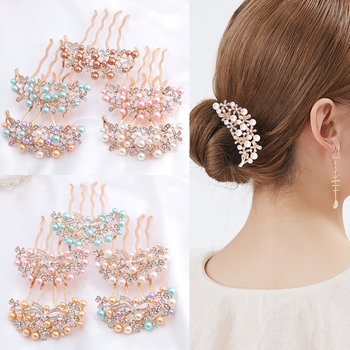 Koreastiilis metallist juuksehaamer nelja hambaga, rhinestones ja imitatsioonpärlitega, naiste juukse aksessuaar lille motiiviga