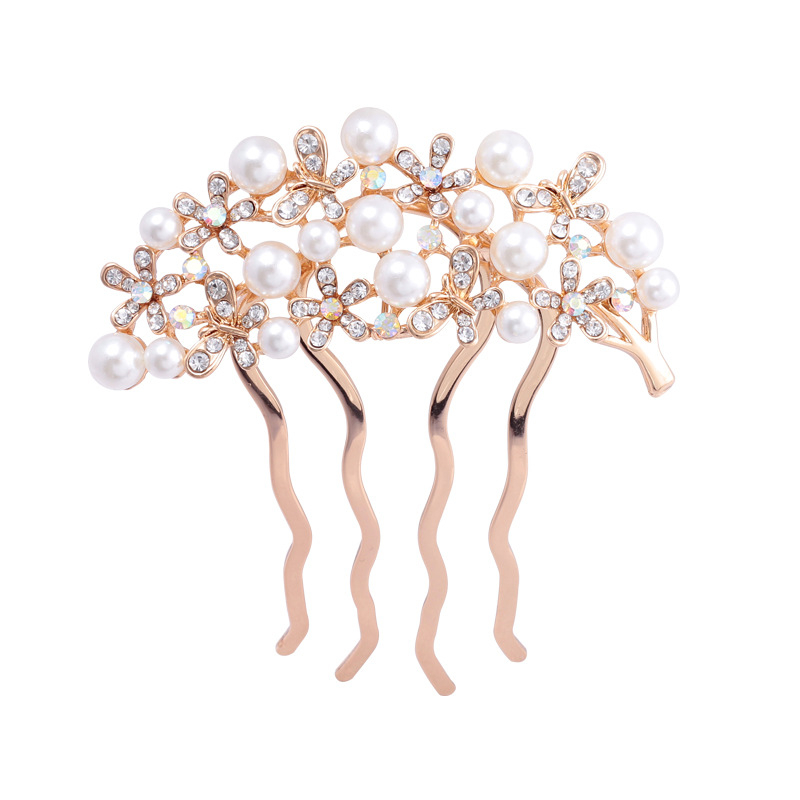 Koreastiilis metallist juuksehaamer nelja hambaga, rhinestones ja imitatsioonpärlitega, naiste juukse aksessuaar lille motiiviga
