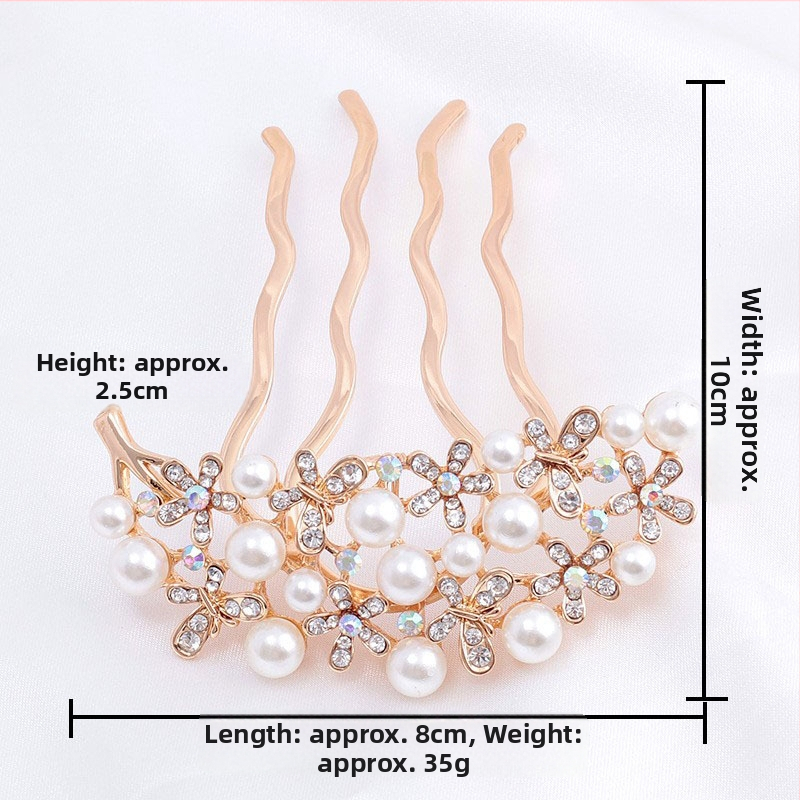 Koreastiilis metallist juuksehaamer nelja hambaga, rhinestones ja imitatsioonpärlitega, naiste juukse aksessuaar lille motiiviga